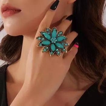 1 шт. Винтажное кольцо со стразами в стиле бохо, классические зеленые кольца с большими цветами, модные украшения для растений, аксессуары для банкета для женщин синий