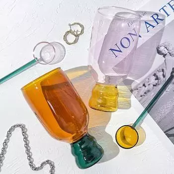 1 шт. Винтажный стеклянный бокал, термостойкий цветной материал, набор стеклянных чашек со стеклянной ложкой 350 мл OTHER