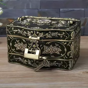 1 шт. в винтажном стиле, прямоугольное металлическое хранилище ювелирных изделий большой емкости с замком, портативный подарок для свадебного макияжа 18*12.8*10.5cm/7.1*5.03*4.13in чёрный