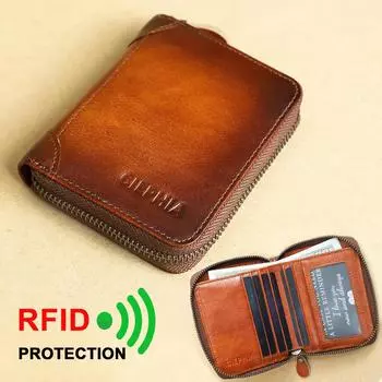 1 шт., винтажный кошелек из воловьей кожи с верхним слоем для мужчин, кошелек с двойной молнией с блокировкой RFID, держатель для кредитных карт с удостоверением личности, подарок для него коричневый
