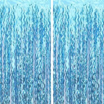 1 шт., волнистый металлический проволочный фон с кисточками из фольги, сине-зеленый фон, день рождения русалки, подводная вечеринка, украшения на день рождения акулы синий