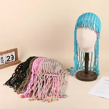 1 шт. вязаная шапка в стиле бохо с бусинами и кисточками, пуловер, головной убор, ручная работа, вязание крючком, модная ажурная однотонная шапка-бини