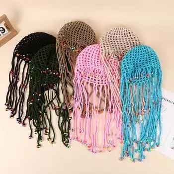 1 шт. вязаный крючком пуловер ручной работы головной убор однотонный модный бисер кисточка в стиле бохо ажурная вязаная шапка бини