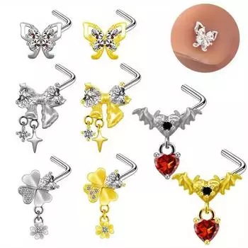 1 шт., вставка в виде бабочки из нержавеющей стали, циркон для носа, ногтей, циркон в форме сердца, четырехлистный клевер, украшения для пирсинга, украшения для носа