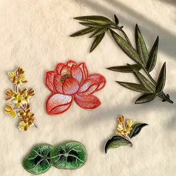 1 шт., вышитая нашивка в виде лотоса, самоклеящиеся нашивки, бамбуковые цветы, аппликации, одежда