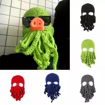 1 шт. забавная модная шапка-осьминог, вязаная крючком вручную, шапочка-бини с бородой, ветрозащитная, мягкая, трикотажная, для катания на лыжах