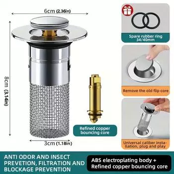 1 шт., заглушка для раковины в ванной комнате из нержавеющей стали, сливной фильтр для раковины, выдвижная раковина, фильтр с прыгающим сердечником и защитой от запаха, аксессуары для ванной комнаты, Aperture:1.3-1.5inch