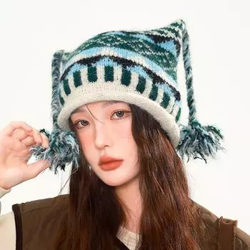 1 шт. Защита ушей в этническом стиле, уличный ветрозащитный пуловер с завитыми краями, теплая шапка-ушанка, милый головной убор с косичками, мягкая утолщенная шапка розы красного