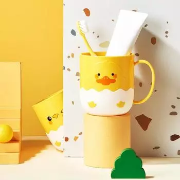 1 шт. - Желтая чашка для ополаскивания полости рта с рисунком курицы и утки, милая чашка для зубной щетки, мультяшный аксессуар для ванной комнаты с ручкой