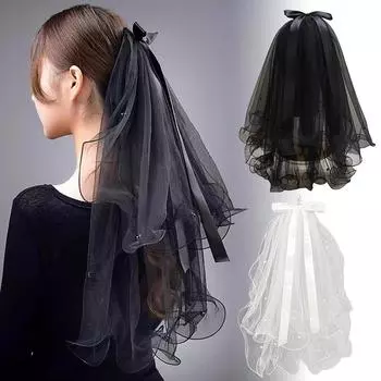 1 шт. жемчужная вуаль для волос, аксессуары для волос, закрывающая лицо сетка, бант, двухслойная, короткая вуаль для косплея с гребнем, свадебная лента для невесты чёрный