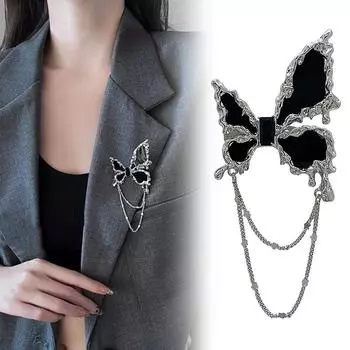 1 шт. женская черная бабочка цепь горный хрусталь брошь одежда аксессуары панк стиль куртка булавка подарок чёрный