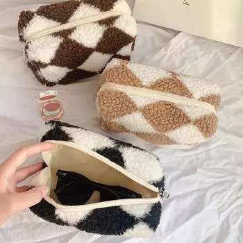 1 шт. женская мягкая плюшевая косметичка на молнии в шахматном порядке, органайзер для косметической помады, дорожная женская косметичка, сумка для хранения макияжа коричневый