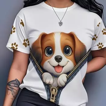 1 шт. Женская повседневная футболка больших размеров с милым принтом собаки и панды, топ из полиэстера с круглым вырезом и легкой эластичностью M