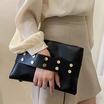 1 шт. Женская сумка-клатч, однотонная сумка-конверт с заклепочной вставкой, застежка-молния, подкладка, подходит для работы, поездок на работу, свиданий, вечеринок белый