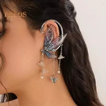 1 шт. женские манжеты для ушей в форме бабочки с кисточками и блестками, цветок, лунный декор, висячие уши в стиле лесной феи, противоскользящие гальванические зажимы для ушей для косплея, вечеринки синий