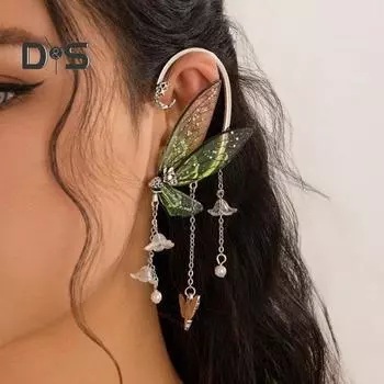 1 шт. женские манжеты для ушей в форме бабочки с кисточками и блестками, цветок, лунный декор, висячие уши в стиле лесной феи, противоскользящие гальванические зажимы для ушей для косплея, вечеринки синий