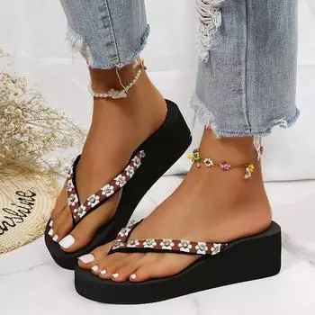 1 шт. женские модные шлепанцы с цветочным узором, нескользящие легкие пляжные тапочки на платформе, женская обувь, дышащая, с открытым носком 36