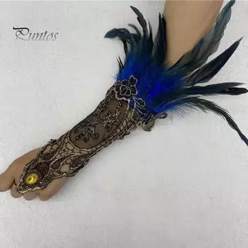 1 шт., женские перчатки для выступлений, полые кружевные стразы, декор с перьями, готический костюм для косплея, манжеты на запястье, Хэллоуин, карнавал, сценическое шоу, рукав чёрный