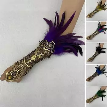 1 шт., женские перчатки для выступлений, полые кружевные стразы, декор с перьями, готический костюм для косплея, манжеты на запястье, Хэллоуин, карнавал, сценическое шоу, рукав зелёный