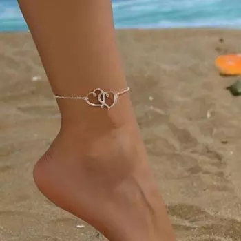 1 шт. женские ретро-богемные браслеты на лодыжку с двумя цепочками в форме сердца, простой и элегантный дизайн для повседневной носки и отдыха серебряный