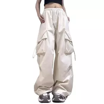 1 шт., женские широкие брюки, прямые брюки, брюки-карго, полиэстер с высокой талией S жёлтый