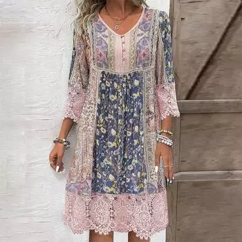 1 шт. Женские весенние и летние повседневные платья с винтажным принтом розовое свободное кружевное платье с V-образным вырезом S