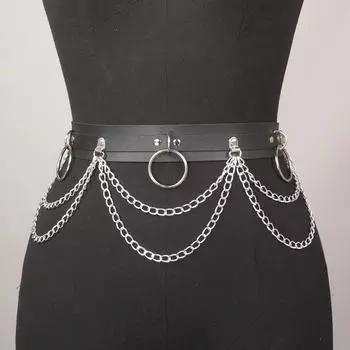 1 шт. Женский сексуальный модный ремень с цепочкой на ремне, готический ремень из искусственной кожи, регулируемые аксессуары для одежды в стиле панк, аксессуары для вечеринок One size чёрный