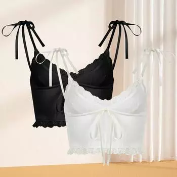 1 шт., жилет с милой кружевной отделкой, хлопковые топы на бретелях, укороченный топ, короткие топы, вязаный повседневный белый бант с бантом белый