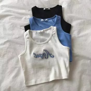 1 шт. жилет, женский жилет с вышивкой и буквенным вырезом, дышащий жилет в рубчик, однотонная уличная одежда, одежда в стиле панк, летняя LM one size чёрный