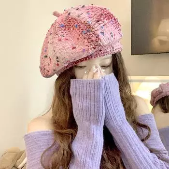 1 шт. Зимний теплый большой головной убор в стиле ретро, элегантный, модный, милый, милый берет, кепка художника, розовый берет в горошек розовый