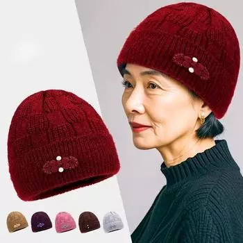 1 шт., зимняя термошапка с цветочной аппликацией, сохраняющая тепло, мягкая, утолщенная, ветрозащитная вязаная шапка для мам среднего возраста
