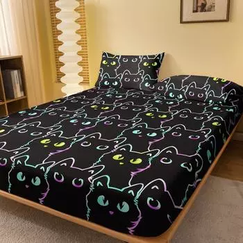 1 Simple Modern Animal Little Cat Printed Matte Fitted Sheet, Bedroom Printed Bed Cover, Bedding (Excluding Pillowcases) 71x132cm