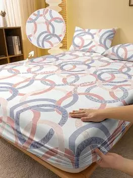 1 Simple Modern Circles Geometry Printed Matte Fitted Sheet, Bedroom Printed Bed Cover, Bedding (Excluding Pillowcases) 71x132cm
