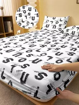 1 Simple Modern Letter Geometry Printed Matte Fitted Sheet, Bedroom Printed Bed Cover, Bedding (Excluding Pillowcases) 71x132cm