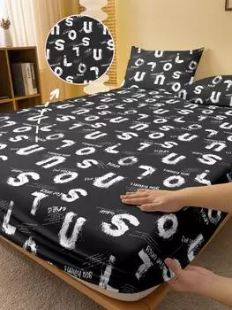 1 Simple Modern Letter Geometry Printed Matte Fitted Sheet, Bedroom Printed Bed Cover, Bedding (Excluding Pillowcases) 71x132cm