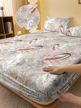 1 Simple Modern Plant Flower Feather Printed Matte Fitted Sheet, Bedroom Printed Bed Cover, Bedding (Excluding Pillowcases) 71x132cm