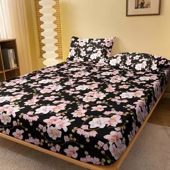 1 Simple Modern Plant Flower Printed Matte Fitted Sheet, Bedroom Printed Bed Cover, Bedding (Excluding Pillowcases) 71x132cm