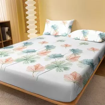 1 Simple Modern Plant Leaves Printed Matte Fitted Sheet, Bedroom Printed Bed Cover, Bedding (Excluding Pillowcases) 71x132cm