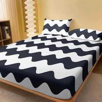 1 Simple Modern Wave Geometry Printed Matte Fitted Sheet, Bedroom Printed Bed Cover, Bedding (Excluding Pillowcases) 71x132cm
