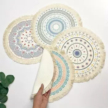 1 Small Bohemian-style Fringed Placemat - Fabric Woven Round, a Practical Thermal Insulation and Anti-scalding Mat for Home Kitchen A