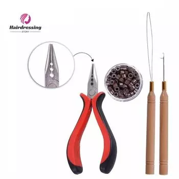 1 сумка/100 шт. микро звенья/бусины + 1 шт. игла для вытягивания + 1 шт. игла для вязания крючком + 1 шт. плоскогубцы с 3 отверстиями набор инструментов для наращивания волос