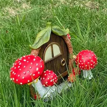 1 светящаяся статуя грибного домика из смолы - украшение для сада и патио на открытом воздухе, батарейки не требуются Mushroom Set-1