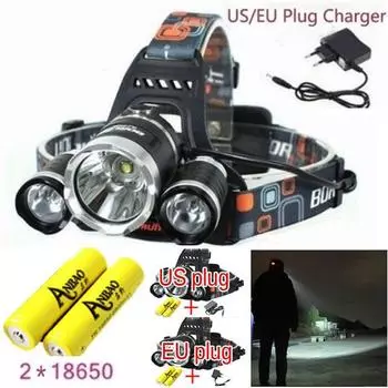 1*T6+2*CREE налобный фонарь, супер сильный свет для кемпинга и походов, налобные фонари для улицы NO battery чёрный