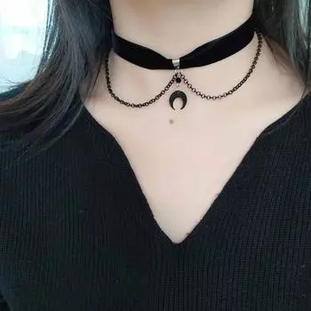 1 темный галстук в стиле готик-панк, милый крутой бархатный ремешок, акриловая подвеска в виде полумесяца луны, двойное колье, шейный ремешок, колье чёрный