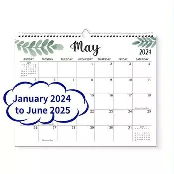 1 wall calendar January 2024 to June 2025 calendar, 14.8 x 11.5 inch desktop calendar leaf pattern calendar, 18 months, bimetallic binding Pack of 1