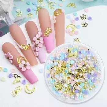 1box Colorful Carving Petals Nail Charms Flower Decoration Accessories Mixed Luxury Metal Rivet Butterfly Nails Parts Supplies