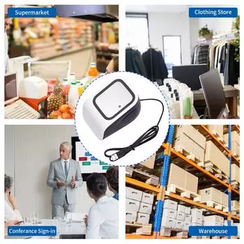 1D 2D QR Настольный сканер штрих-кода Платформа Проводной USB-сканер штрих-кода с функцией громкой связи Plug&Play белый