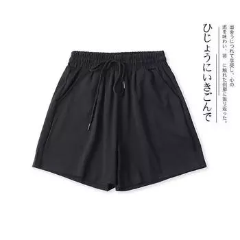1G/16/20 Summer New Arrival Foreign Trade Women s Clothing Fashion Loose Leisure All-Matching Elastic Drawstring High Waist Pure Color Shorts Black S