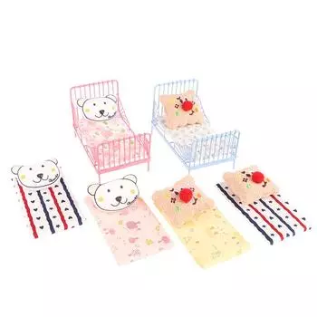 1Комплект 1:12 кукольных домиков Миниатюрная железная европейская кровать с матрасом Подушка в виде медведя Мебель Декор для спальни Игрушка Кукольный дом Аксессуары