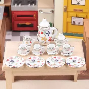 1Комплект 1:12 миниатюрных керамических чайных сервизов для кукольного домика, чашка, чайник, поднос, цветы, столовые приборы, кухонный декор, игрушечные аксессуары для кукольного домика